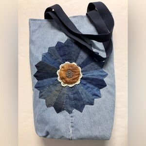 Handmade/Upcycled Dresden Plate Pattern Denim Shoulder Bag/Tote Bag, Blue/Brown